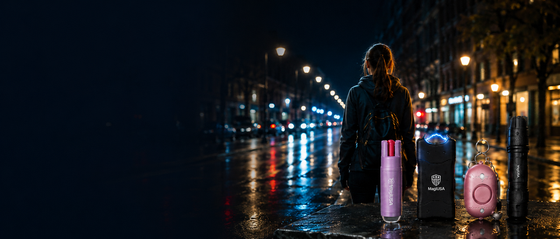 MagiUSA personal safety products in a nighttime city setting