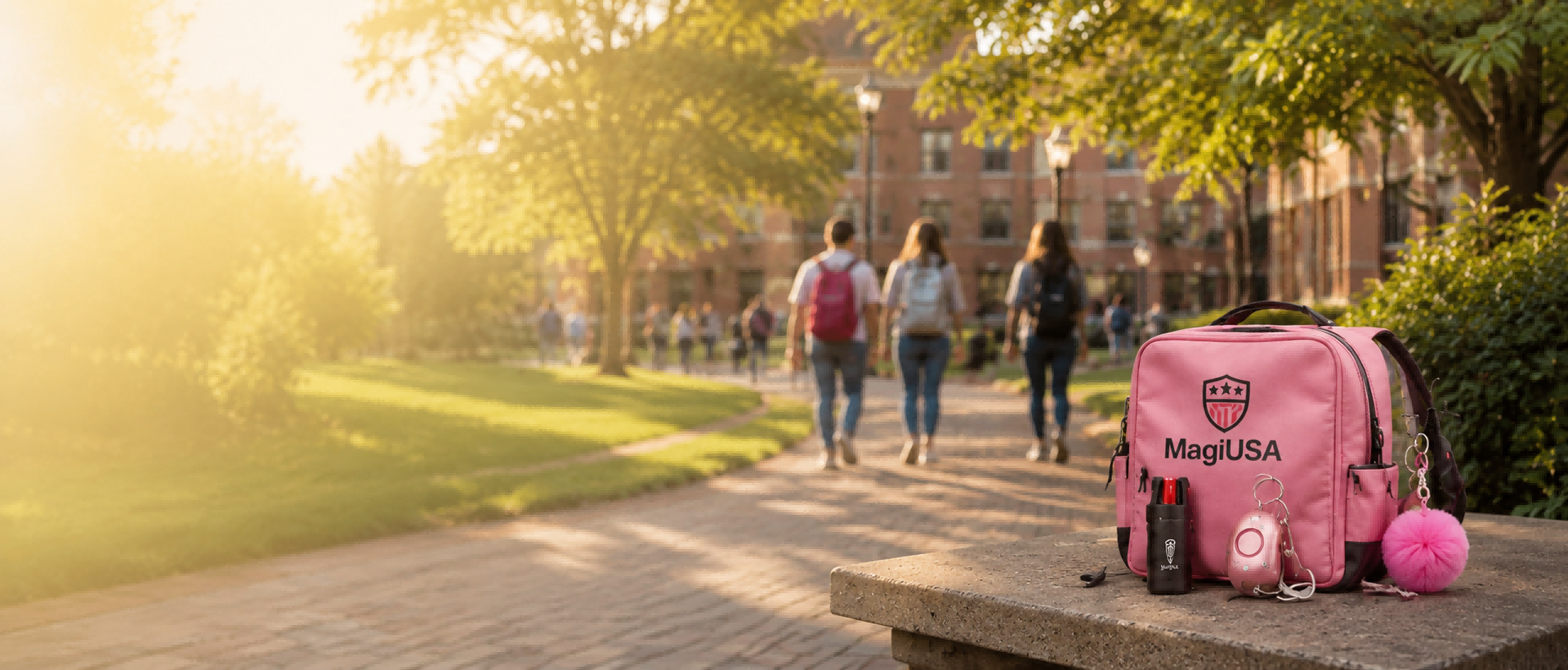 Student carrying MagiUSA personal safety essentials on campus
