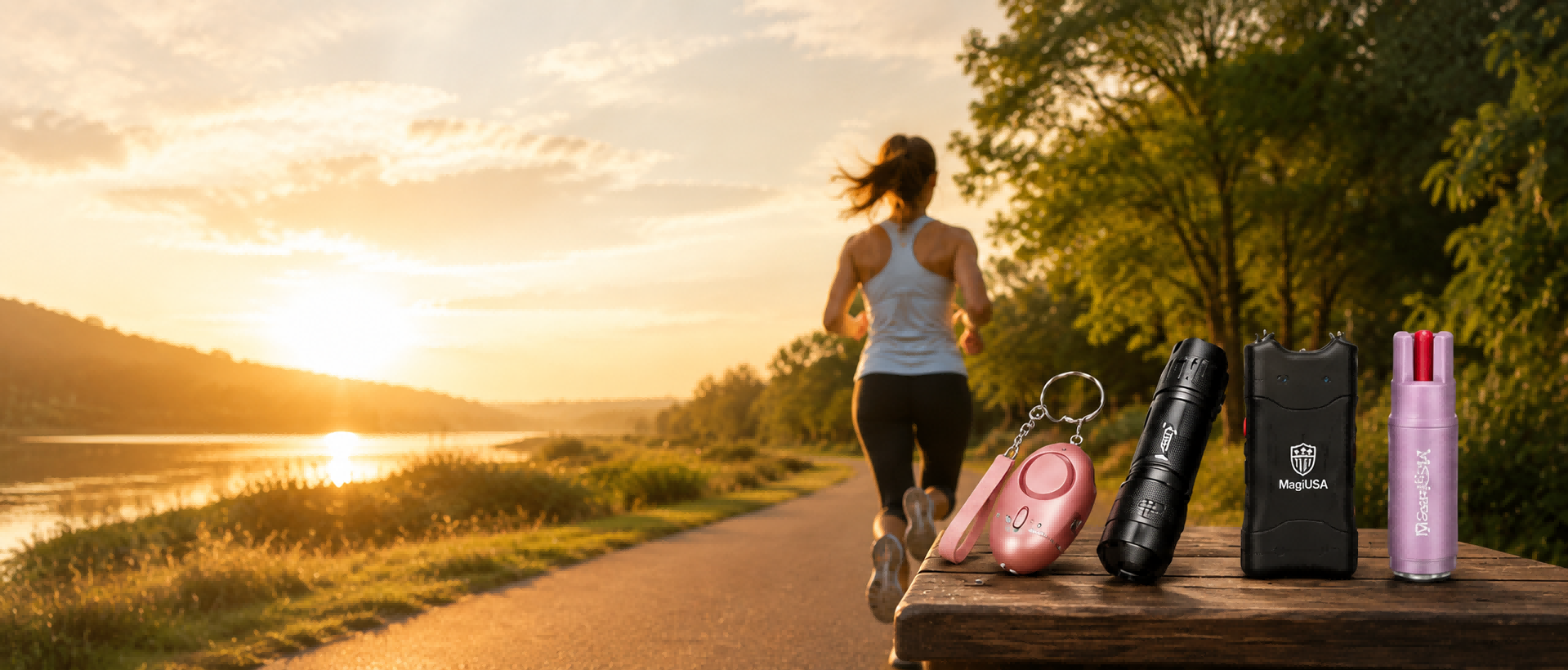Runner carrying lightweight MagiUSA personal safety products
