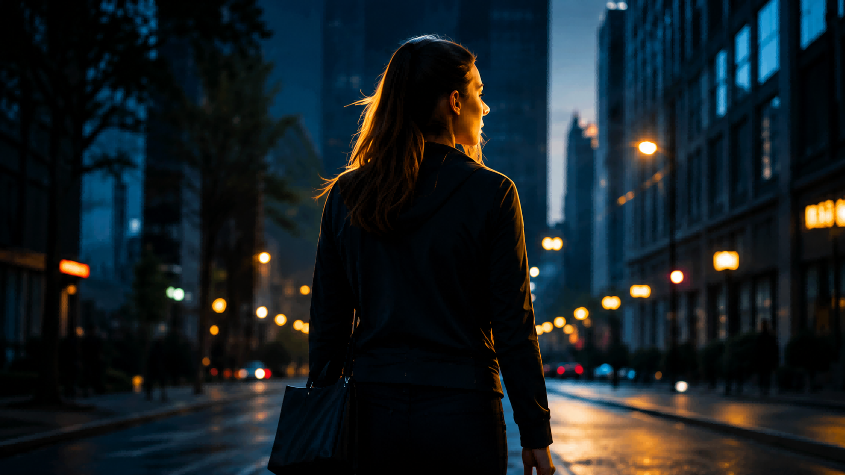 Woman walking through a city street at night