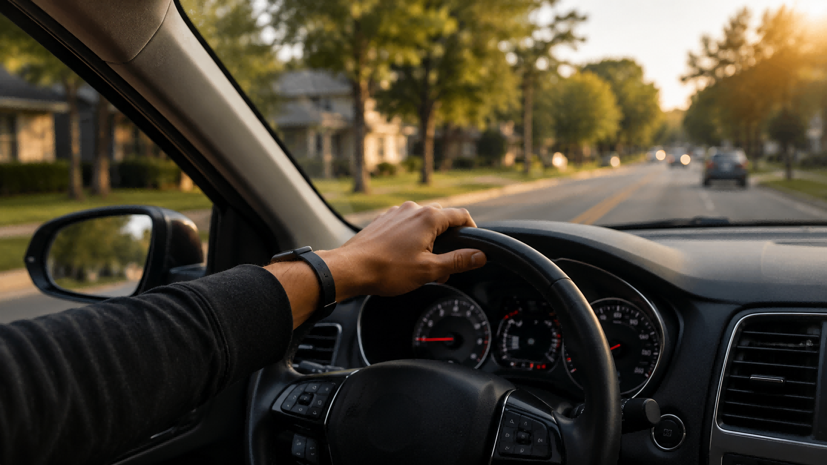 Driver holding the steering wheel inside a car