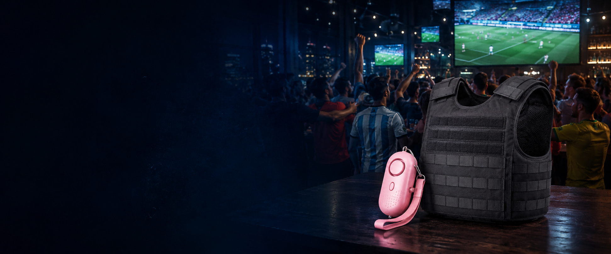 Watching a football match in a crowded bar with personal alarm and safety vest