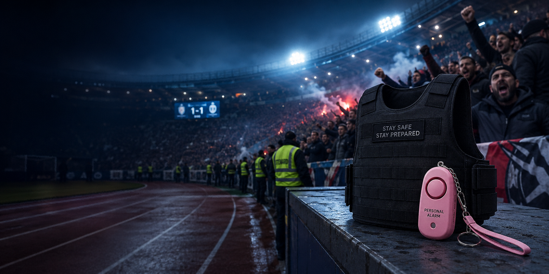 Personal alarm, flashlight and protective gear prepared near a major event venue