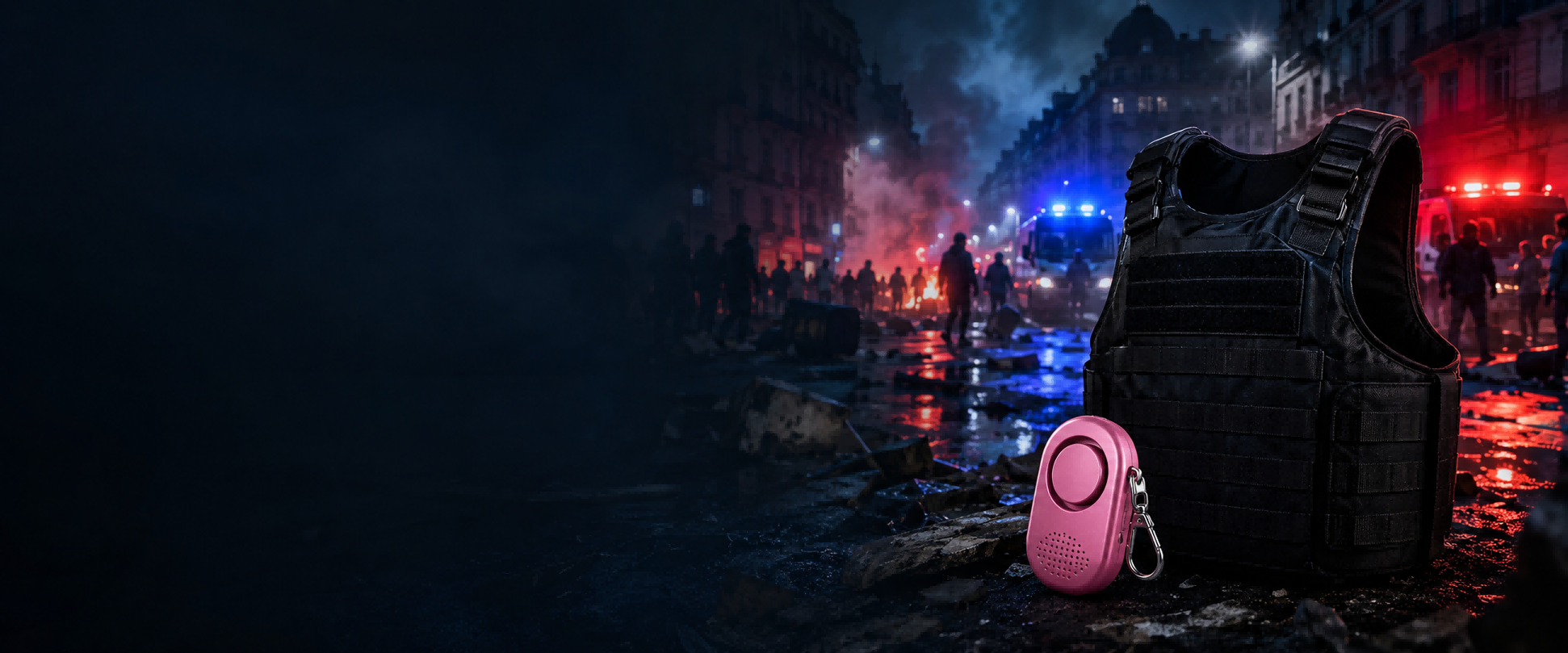 Urban unrest street scene with personal alarm and safety vest